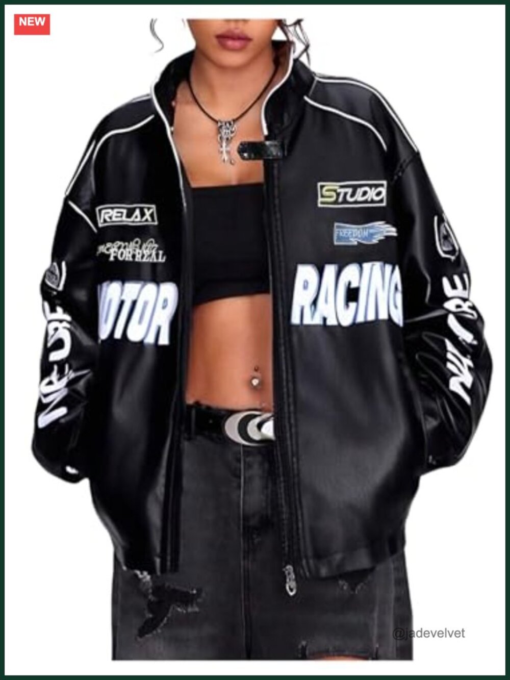 Faux Leather Racer Jacket Y2k Graphic Streetwear Oversized Coat